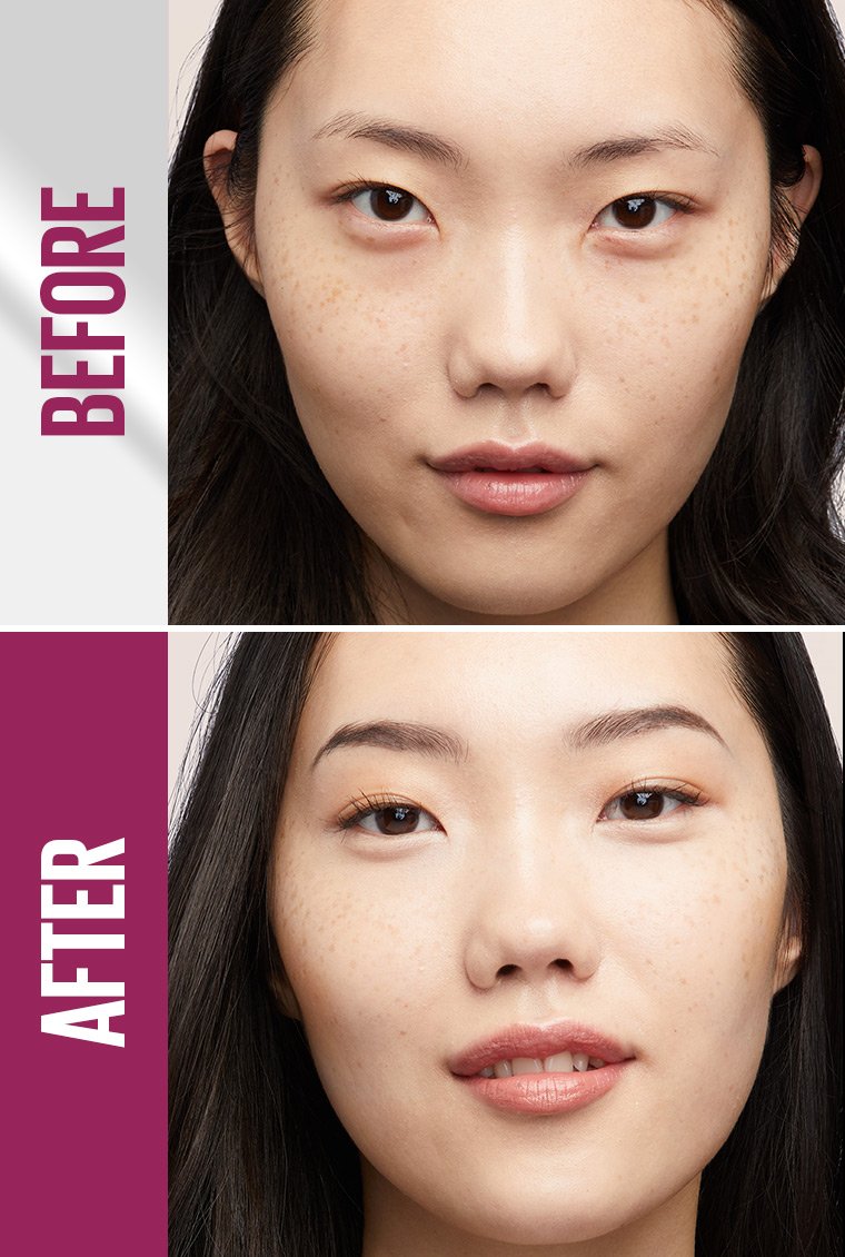 قبل و بعد از استفاده کانسیلر میبلین برای پوشاندن تیرگی و خطوط ریز دور چشم